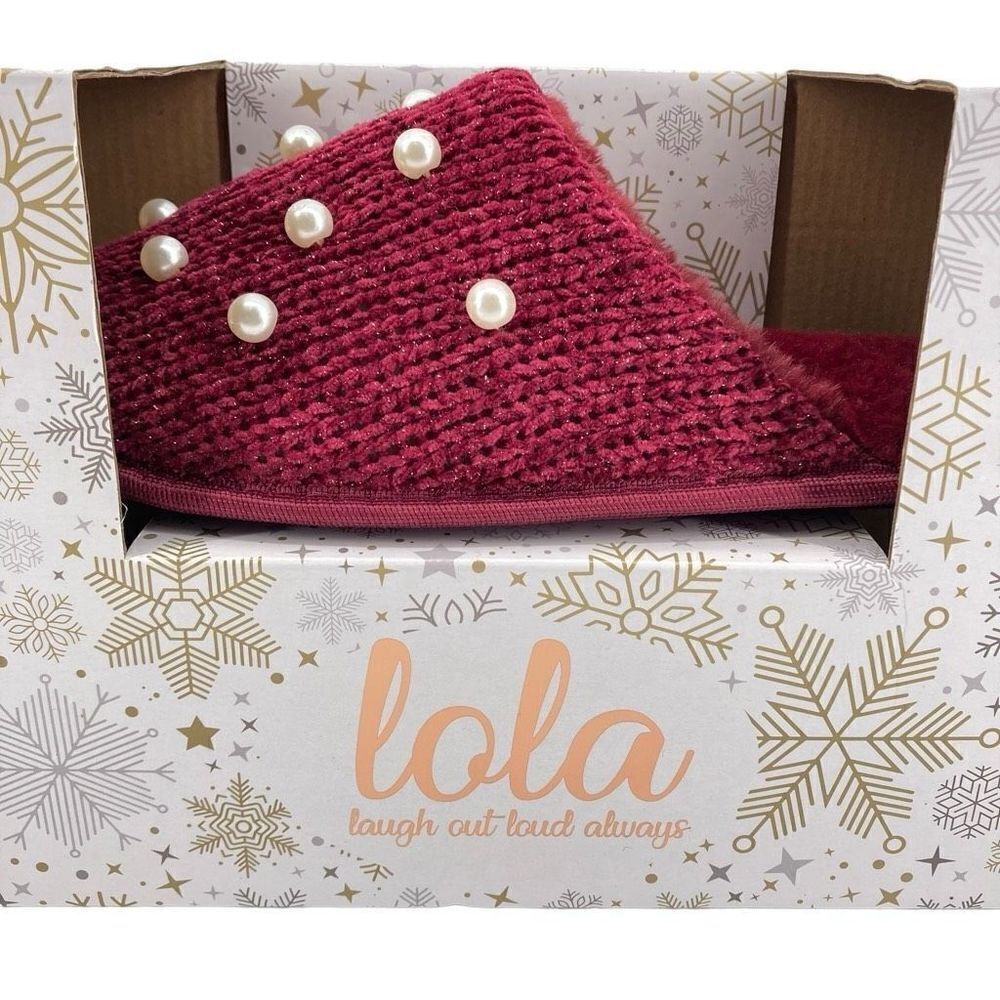 Lola Womens Wine Red Faux Fur Slippers Faux Pearl Embellished Size 6.5-7.5 New